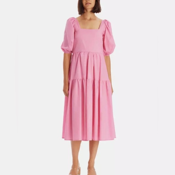 Moon River Pink Open Back Puff Sleeve Midi Dress NWT - Picture 3 of 9